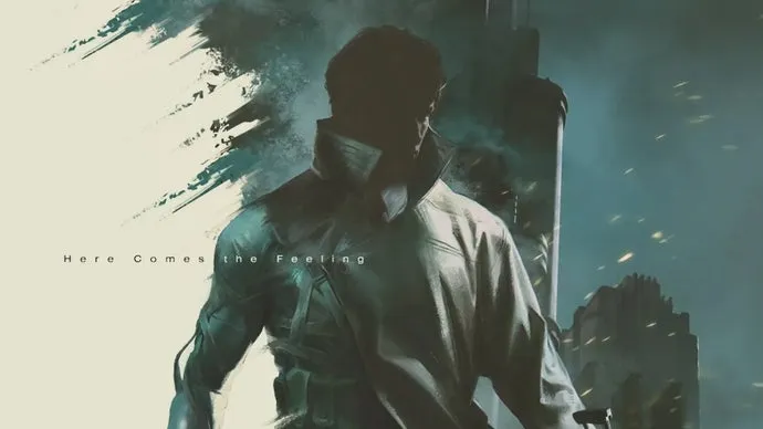 Illustration av en man i trenchcoat, sedd bakifrån, med texten "Here Comes the Feeling".