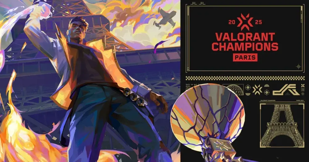 Illustration av Valorant Champions Paris 2025 med Phoenix framför Eiffeltornet. Logotyp och grafik till höger.