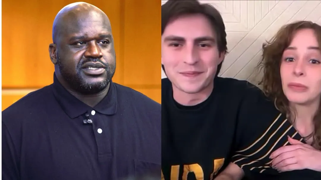 En delad bild: Shaq till vänster, ett ungt par till höger.