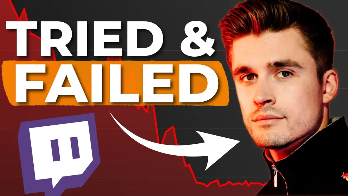 En bild med texten "TRIED & FAILED", Twitch-loggan, en nedåtgående pil och en man.