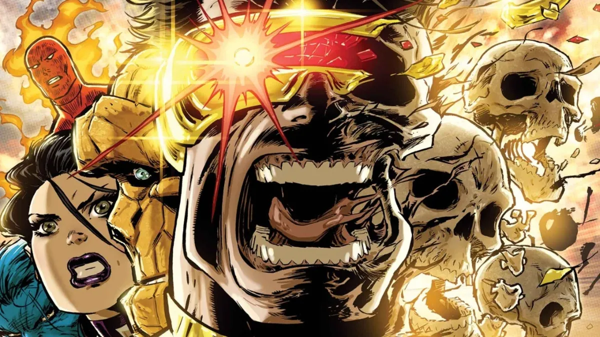 Serieteckning med flera figurer, bland annat Cyclops med röd laser från ögonen och dödskallar.